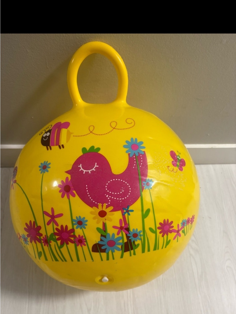 Yellow Kids Hopper Ball with Pink Bird Graphic